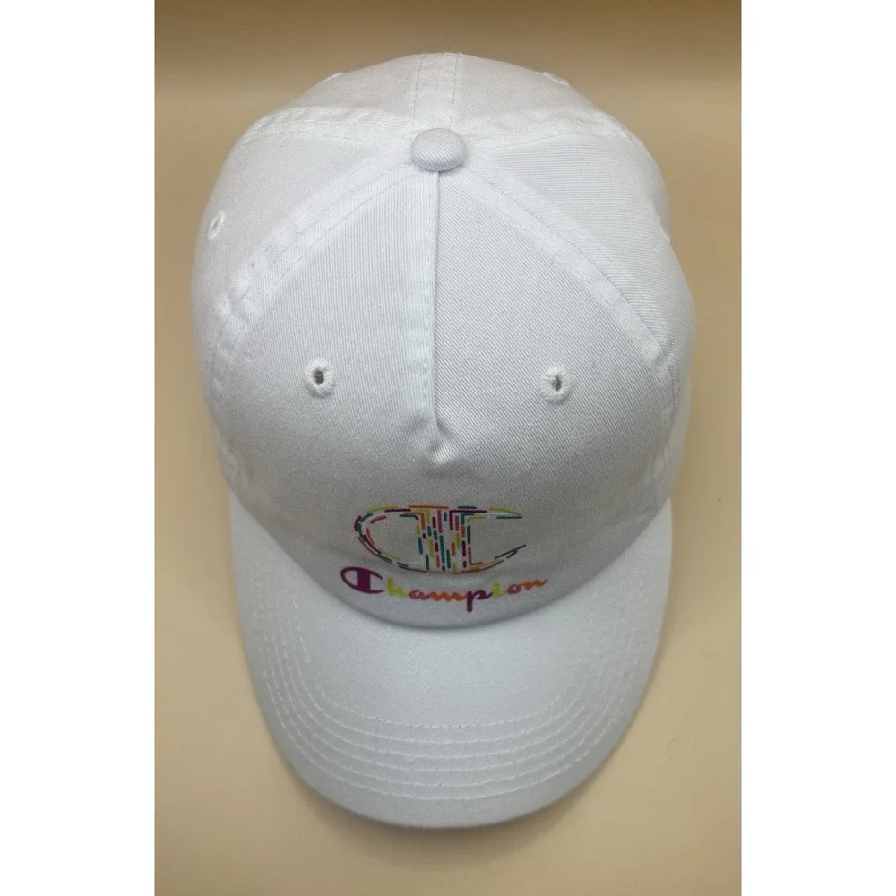 Champion‎ Womens OS Twill Baseball Cap White Rainbow Script Logo